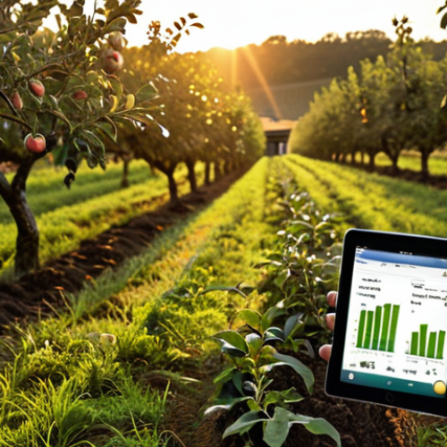 **

A high-tech farm scene: Soil moisture sensors glowing subtly in a field of apple trees, connected wirelessly to a central computer. In the background, a farmer uses a tablet to view real-time data. Emphasize the contrast between traditional farming and smart agriculture. Golden hour lighting.

**