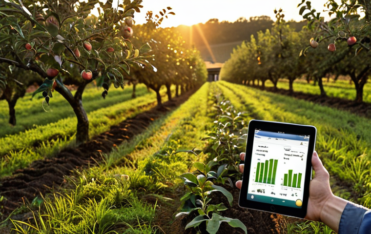 **

A high-tech farm scene: Soil moisture sensors glowing subtly in a field of apple trees, connected wirelessly to a central computer. In the background, a farmer uses a tablet to view real-time data. Emphasize the contrast between traditional farming and smart agriculture. Golden hour lighting.

**