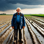 An older Polish farmer, his face reflecting a mix of concern and resilience, standing in his agricultural field. The scene depicts the stark contrast of unpredictable weather: on one side, dry, cracked earth with wilted crops from prolonged drought, and on the other, areas showing signs of recent heavy rainfall and water erosion. He is dressed in modest, practical work clothing, fully clothed. The rural Polish landscape stretches into the background under a dramatic, mixed sky. Perfect anatomy, correct proportions, natural pose, well-formed hands, proper finger count, natural body proportions, professional photography, high quality, safe for work, appropriate content, family-friendly.