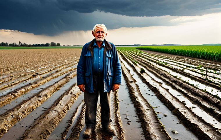 An older Polish farmer, his face reflecting a mix of concern and resilience, standing in his agricultural field. The scene depicts the stark contrast of unpredictable weather: on one side, dry, cracked earth with wilted crops from prolonged drought, and on the other, areas showing signs of recent heavy rainfall and water erosion. He is dressed in modest, practical work clothing, fully clothed. The rural Polish landscape stretches into the background under a dramatic, mixed sky. Perfect anatomy, correct proportions, natural pose, well-formed hands, proper finger count, natural body proportions, professional photography, high quality, safe for work, appropriate content, family-friendly.